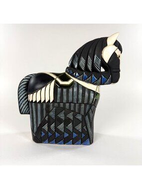 Artesania Rinconada Horse Figurine 8.5" Handcrafted Ceramic Black Blue White Uru